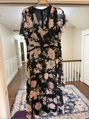 SLNY Black Midi Dress with Pink Floral Print